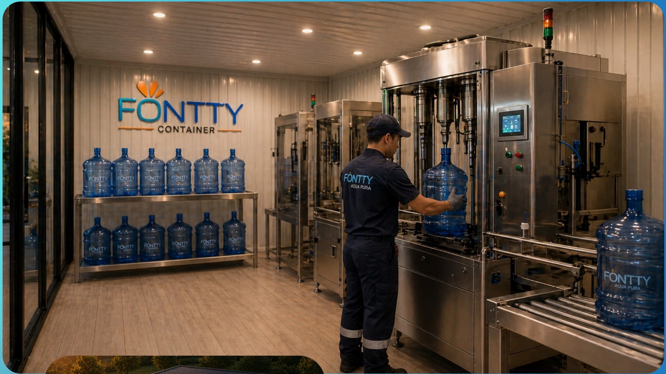 Interior do Container Fontty com linha de envase